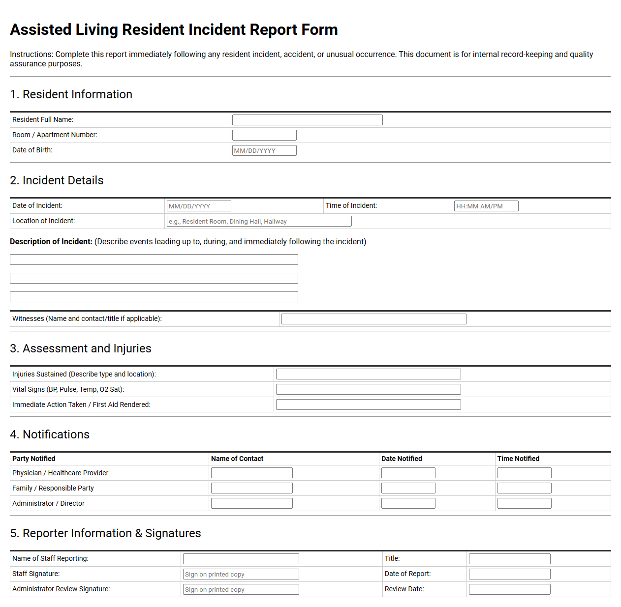 Assisted Living Resident Incident Report Form