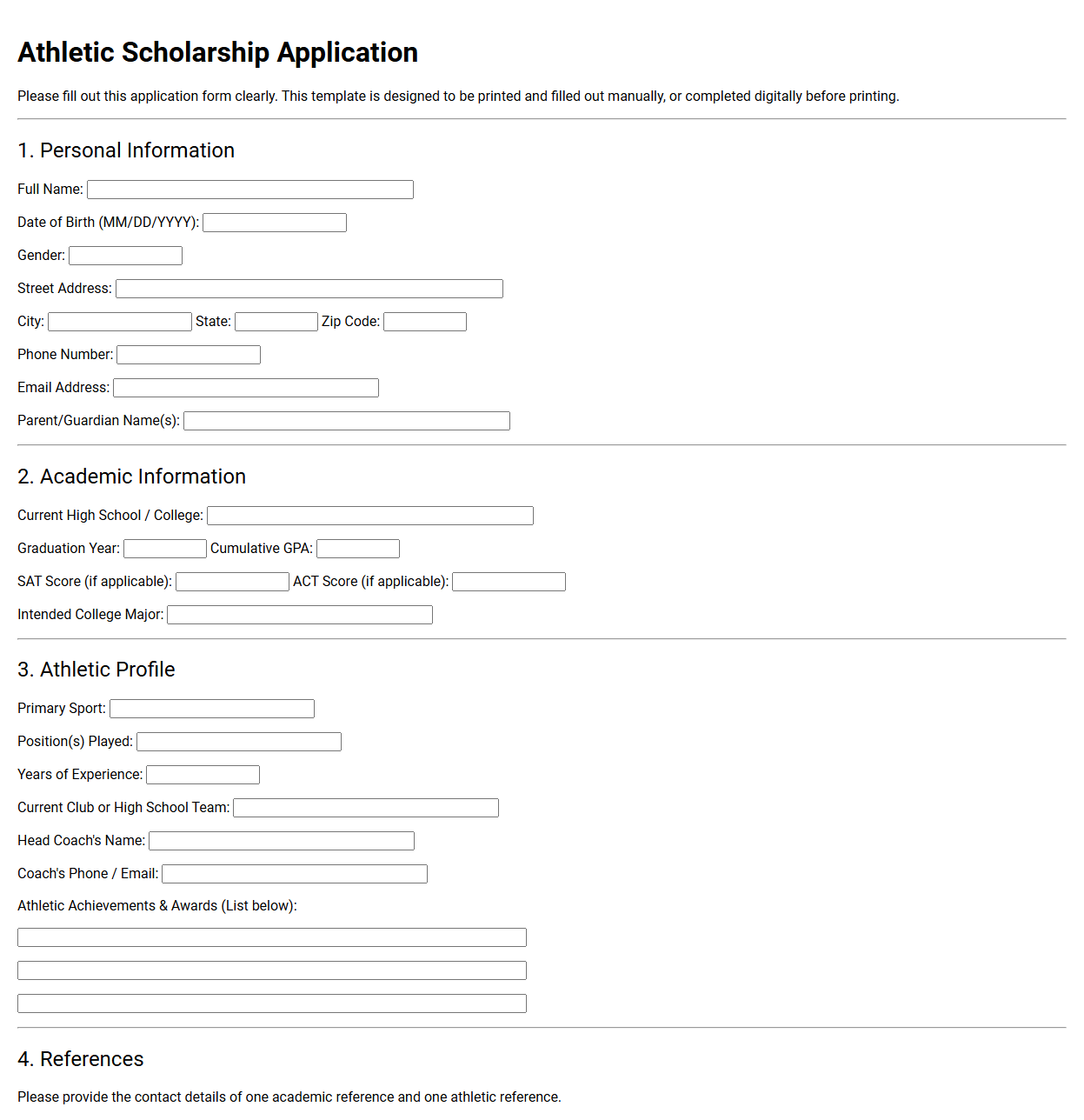 Athletic Scholarship Application Template