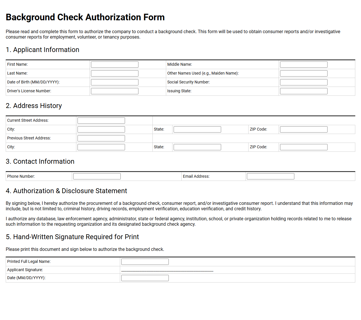 Background Check Authorization Form