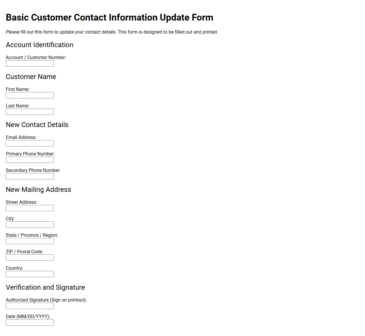Basic Customer Contact Information Update Form