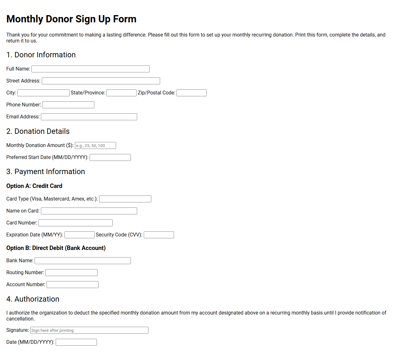 Basic Monthly Donor Sign Up Form
