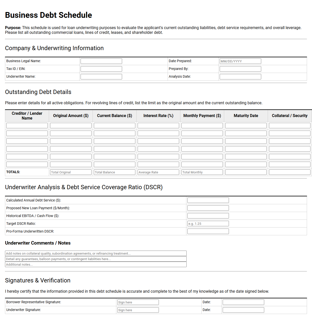 Business Debt Schedule Template for Loan Underwriting