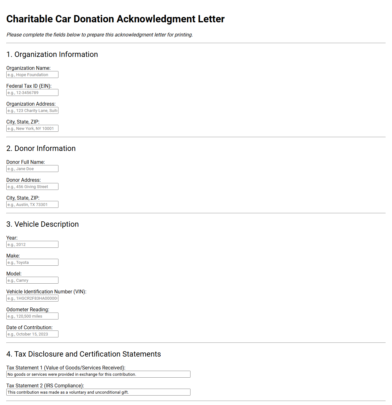 Charitable Car Donation Acknowledgment Letter