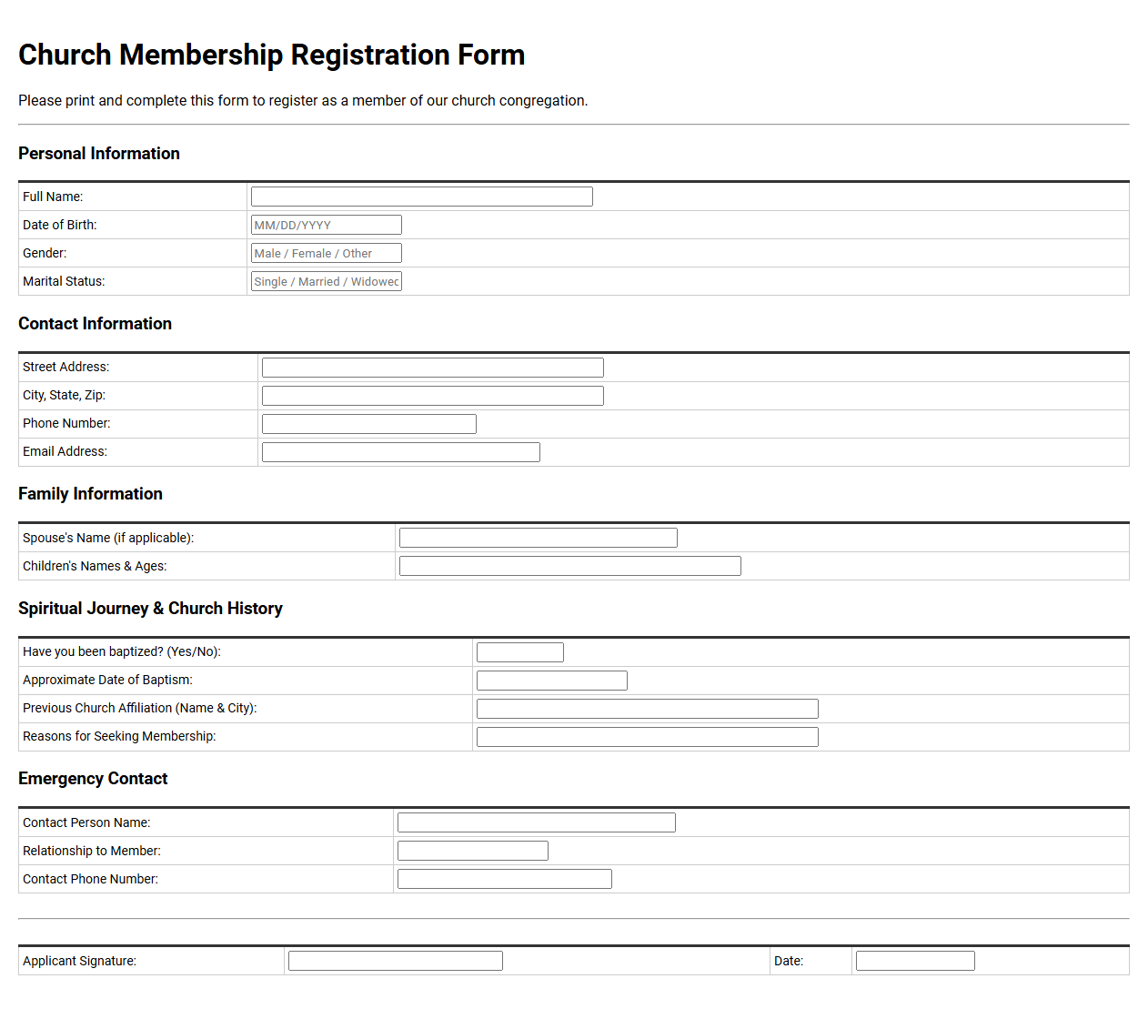 Church Membership Registration Form Template