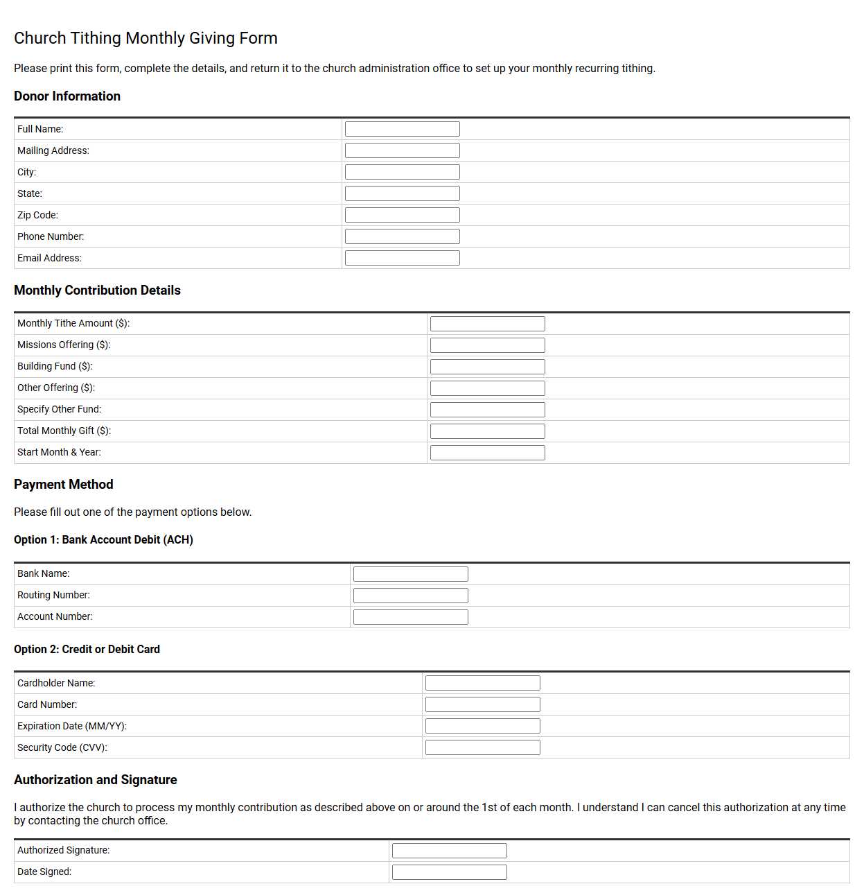 Church Tithing Monthly Giving Form