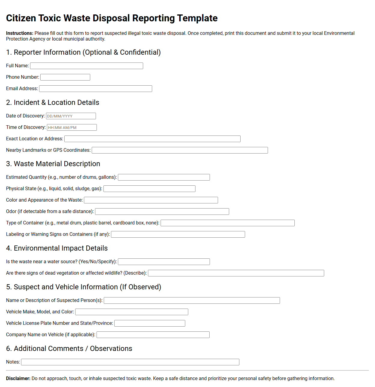 Citizen toxic waste disposal reporting template