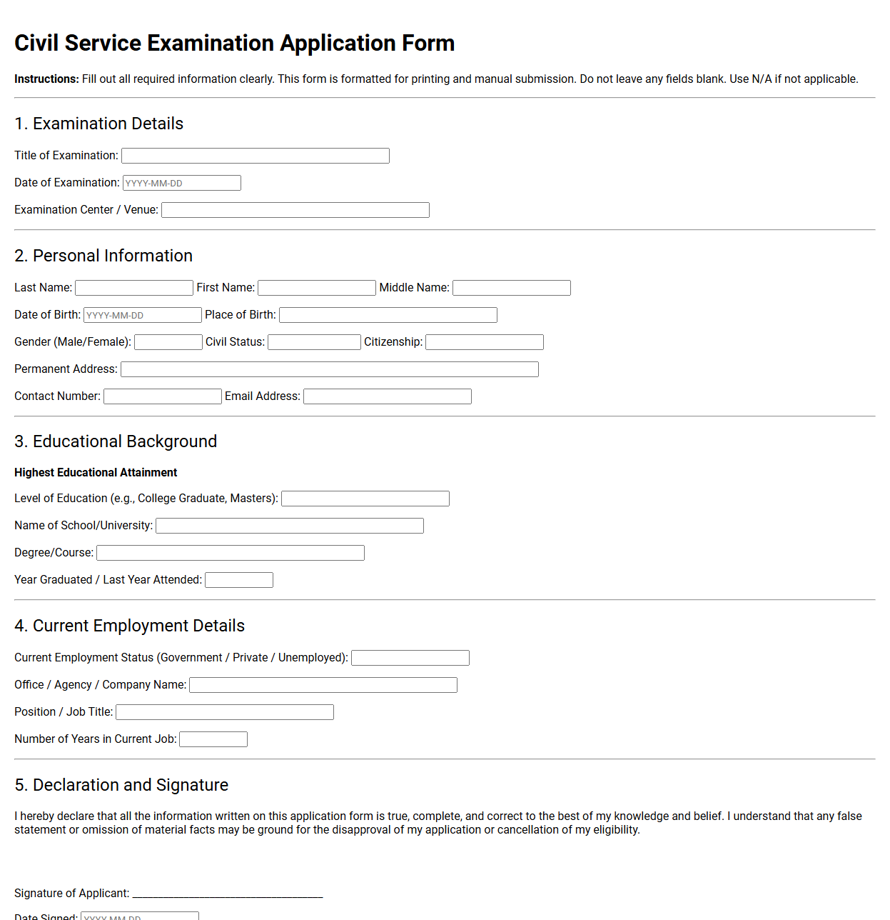 Civil Service Examination Application Form