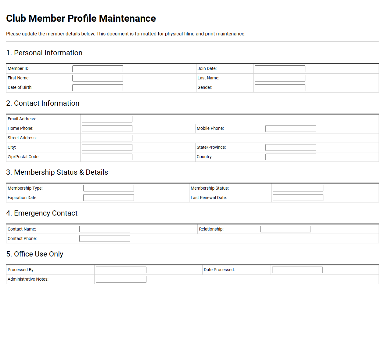 Club Member Profile Maintenance Template