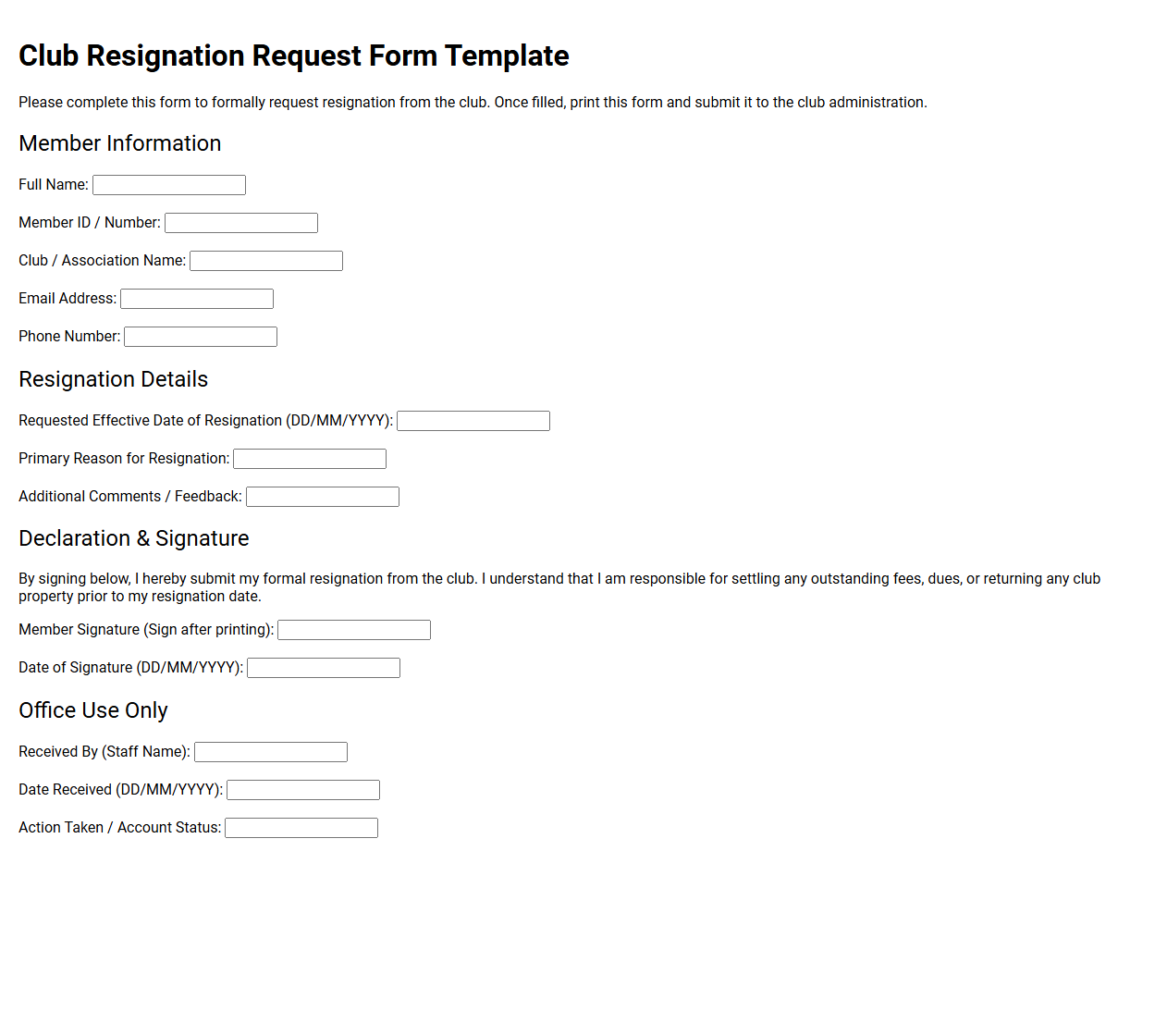 Club Resignation Request Form Template