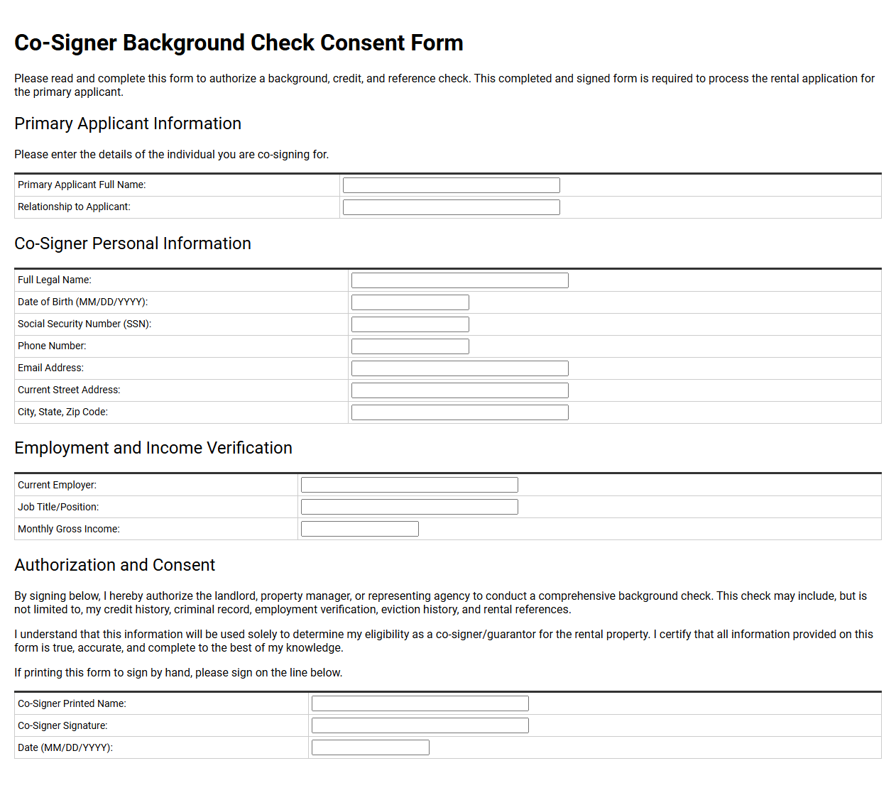 Co-Signer Background Check Consent Form