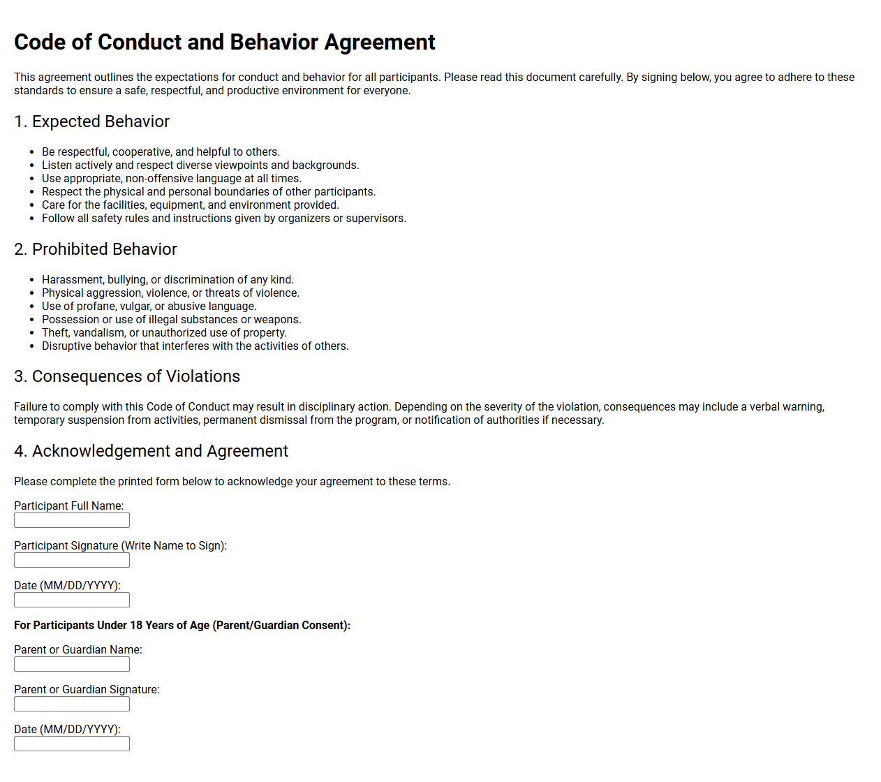 Code of Conduct and Behavior Agreement