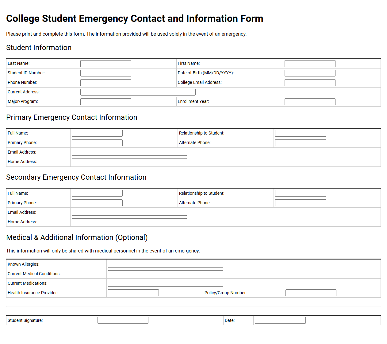 College Student Emergency Contact and Information Form