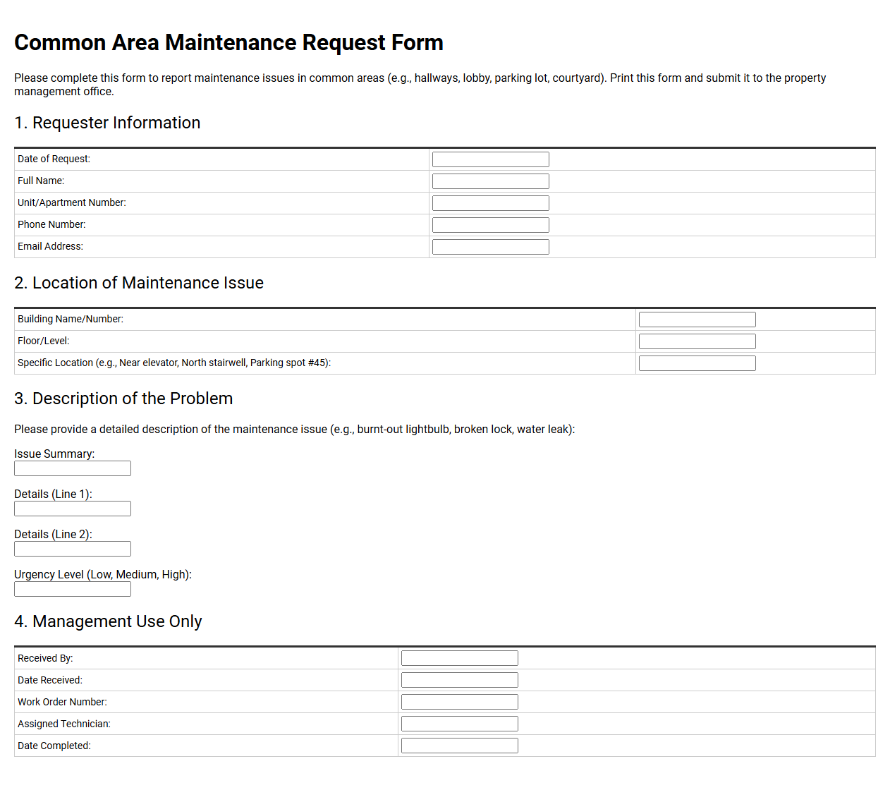 Common Area Maintenance Request Form