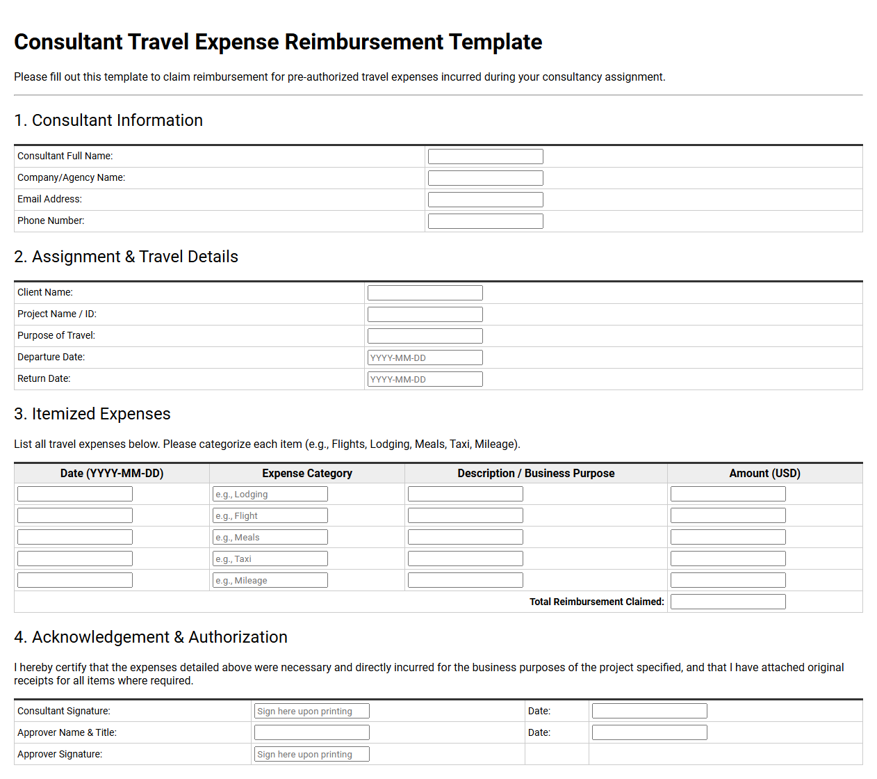 Consultant Travel Expense Reimbursement Template