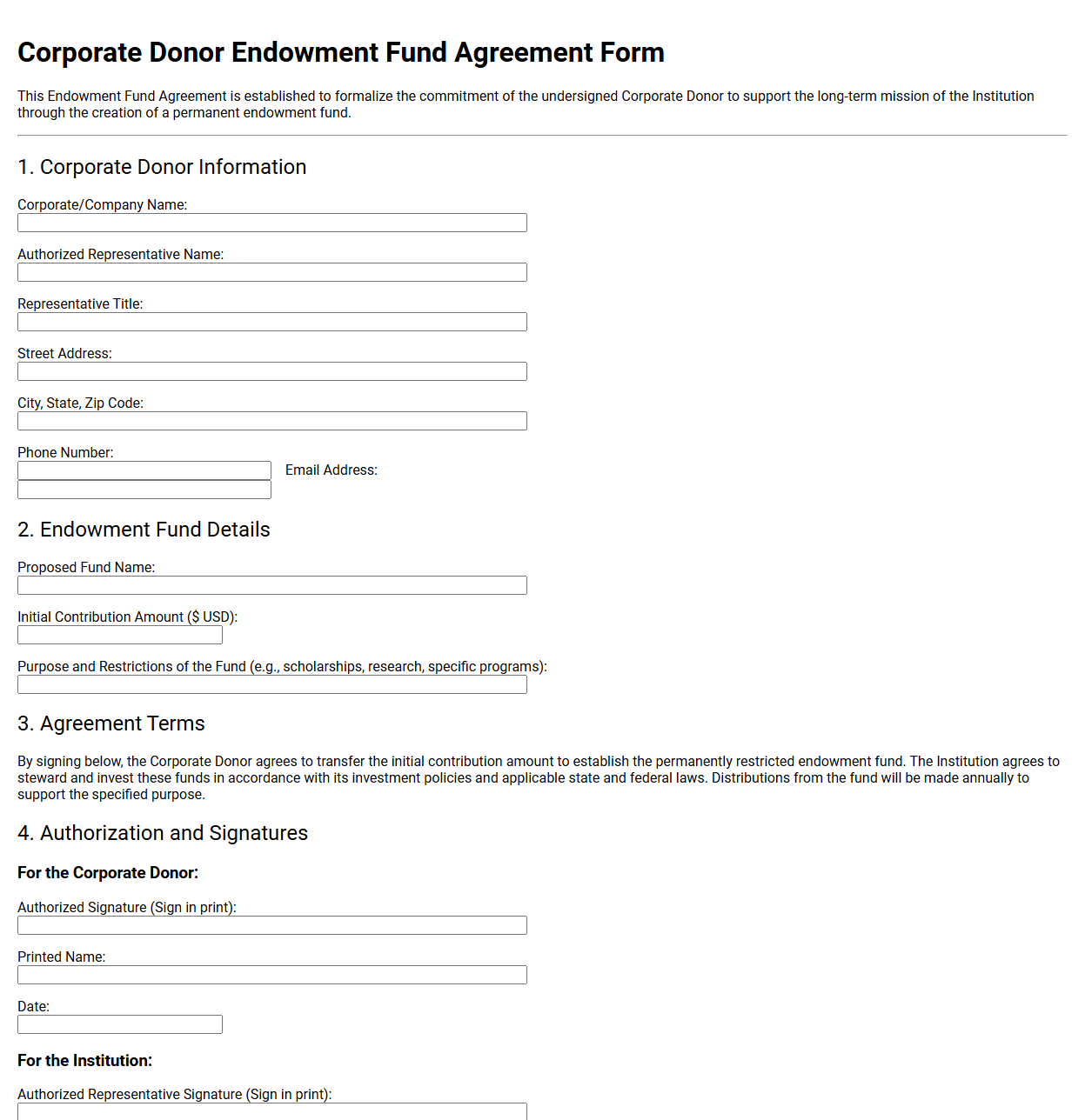 Corporate Donor Endowment Fund Agreement Form