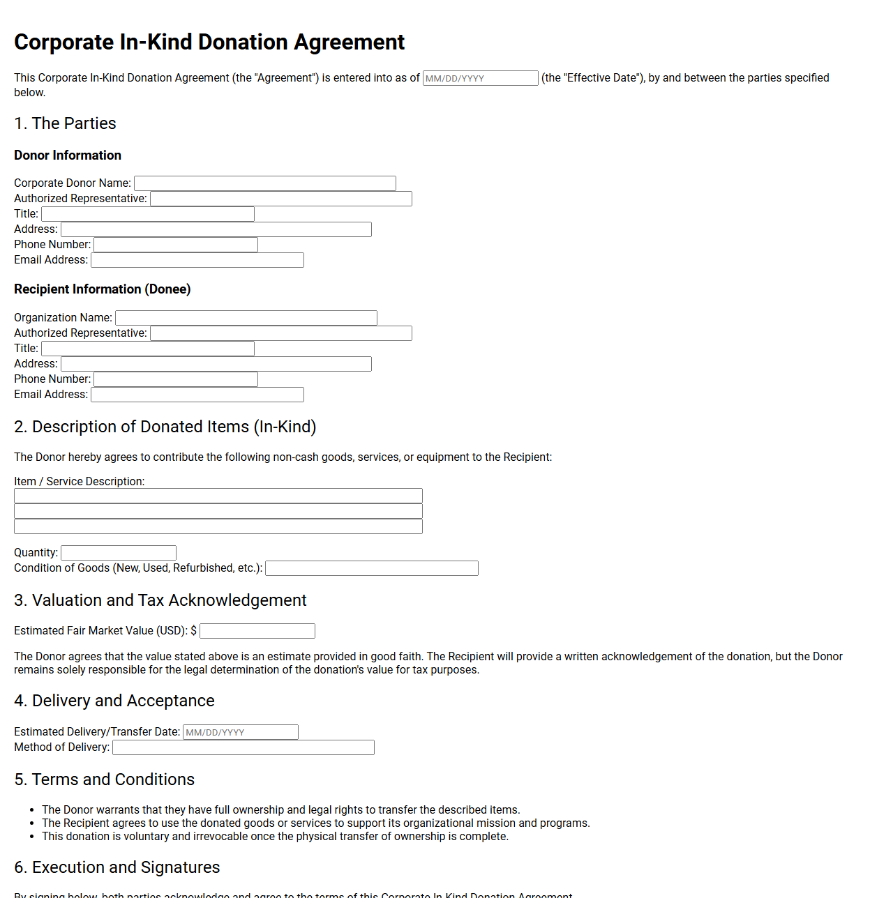 Corporate In-Kind Donation Agreement Template