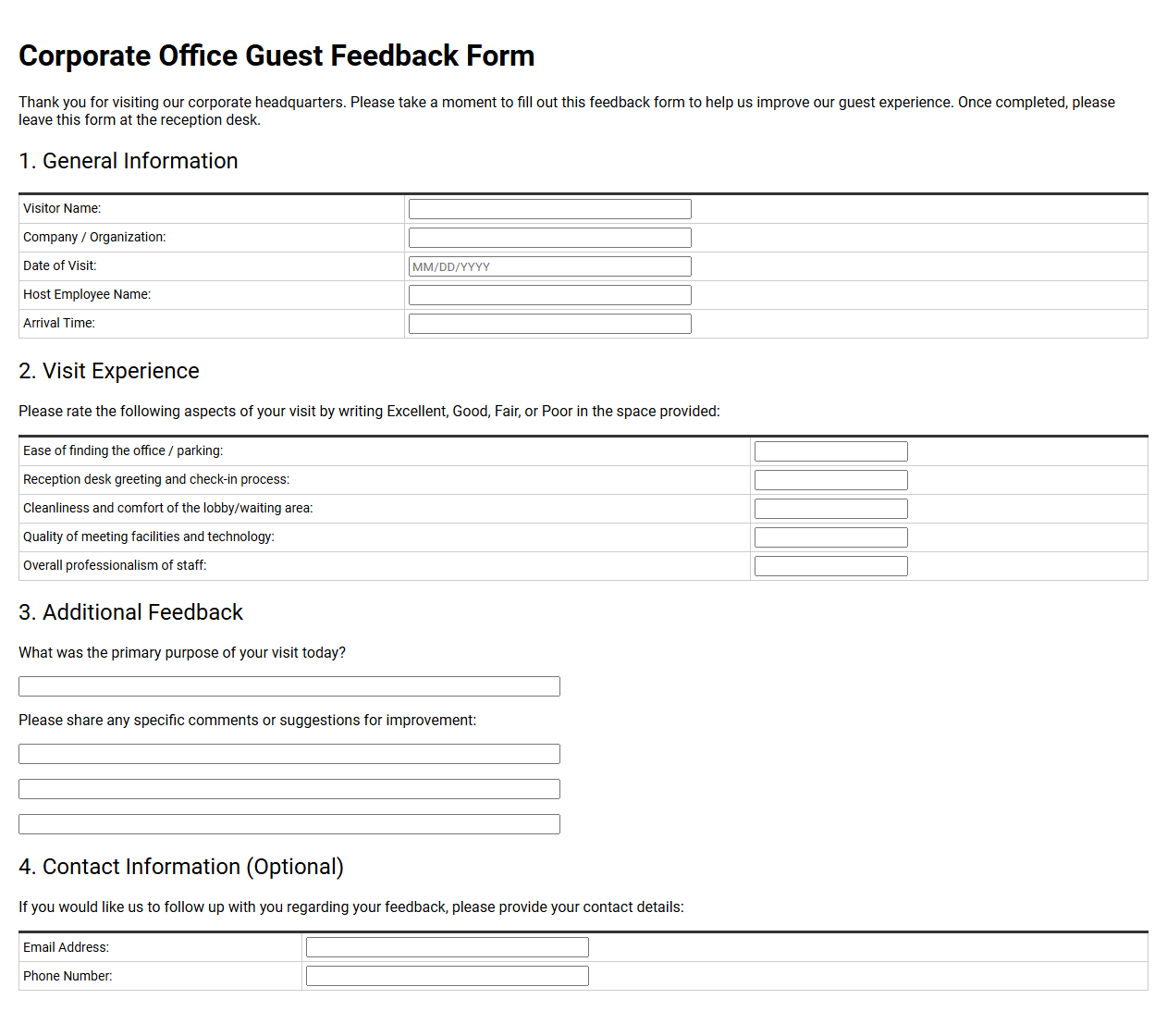 Corporate Office Guest Feedback Form