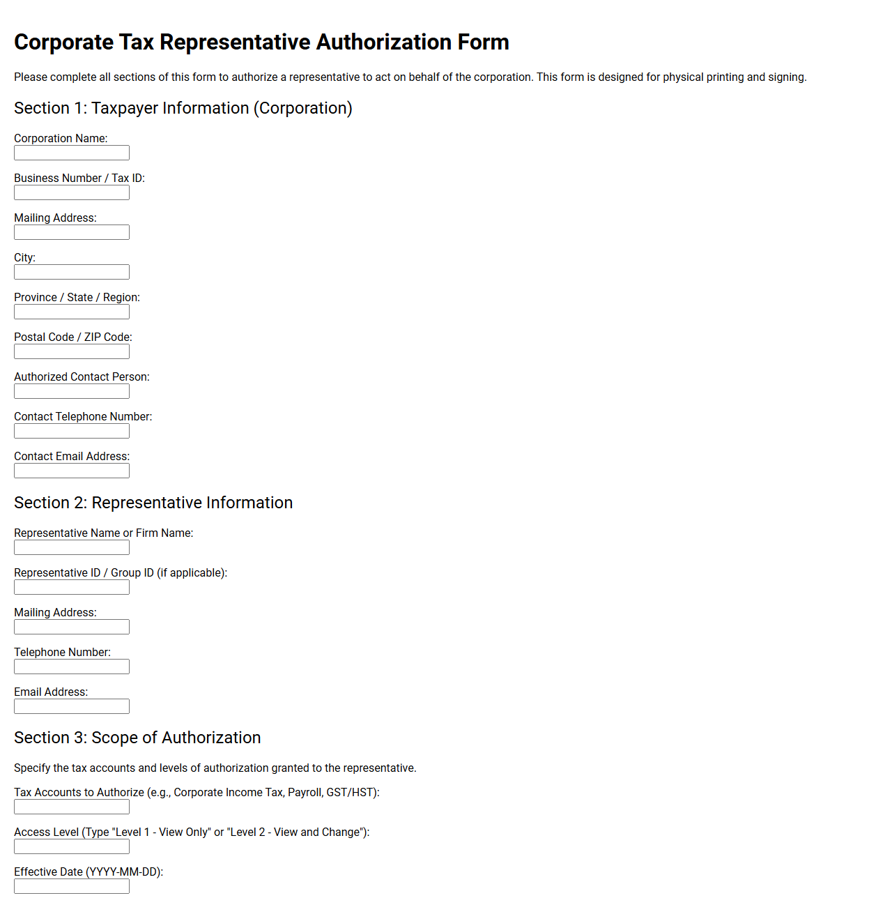 Corporate Tax Representative Authorization Form
