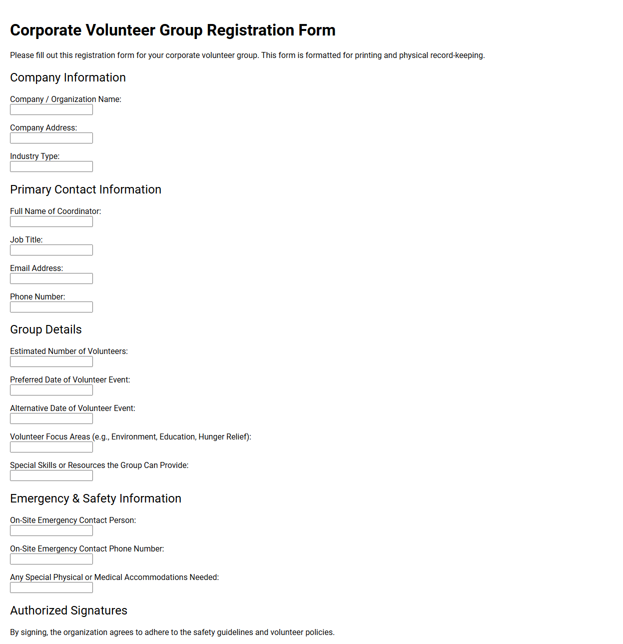 Corporate Volunteer Group Registration Form