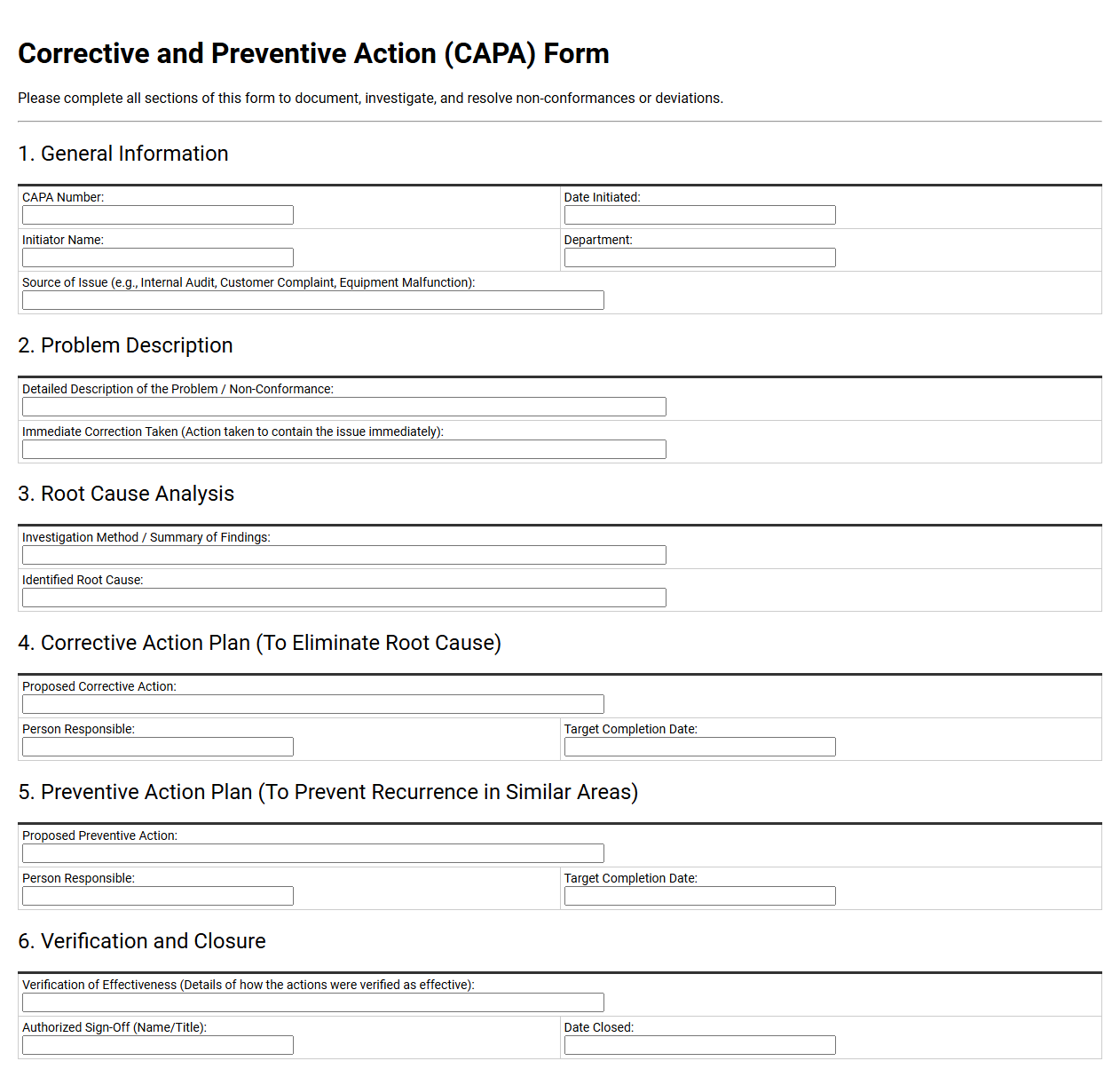 Corrective and Preventive Action CAPA Form