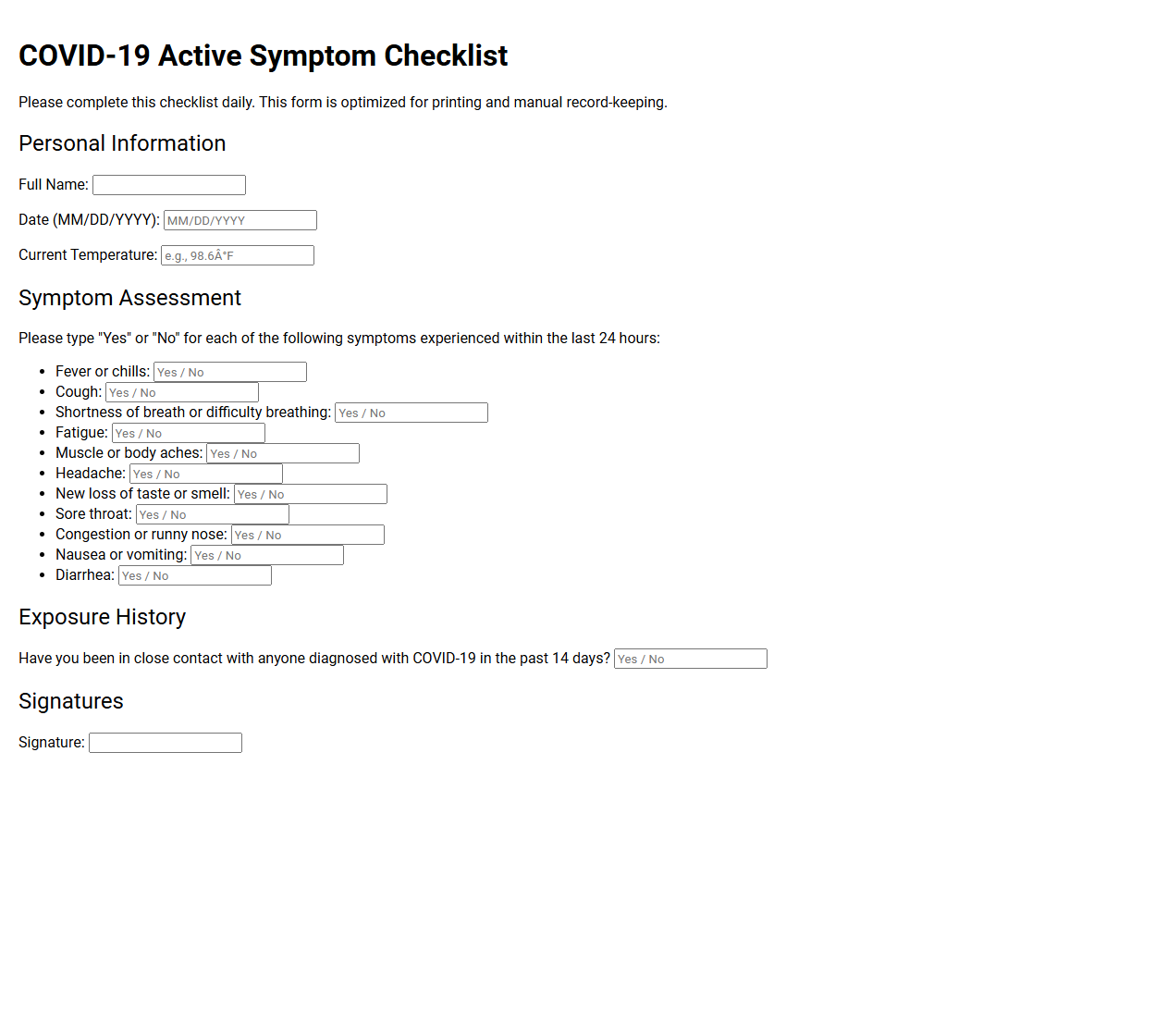 COVID-19 Active Symptom Checklist