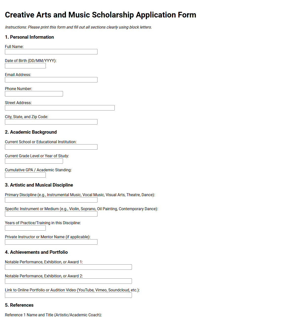 Creative Arts and Music Scholarship Form
