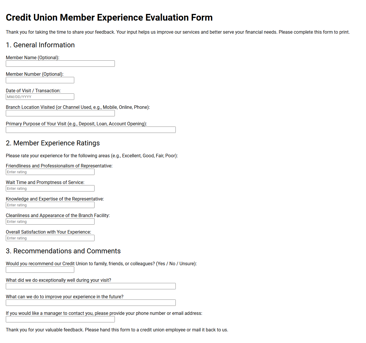 Credit Union Member Experience Evaluation Form