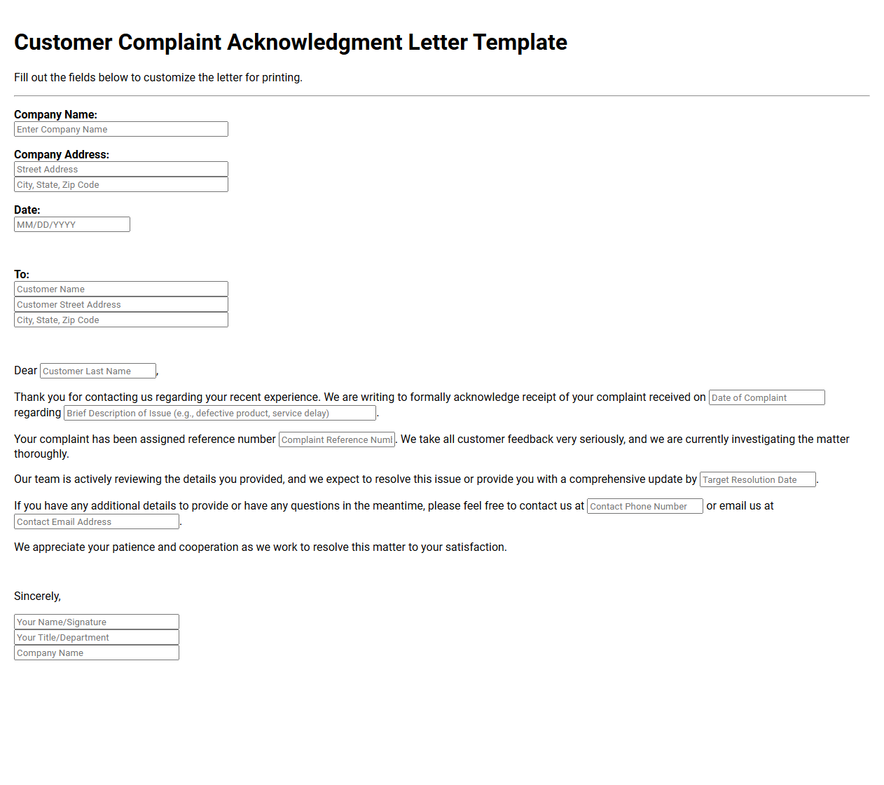Customer Complaint Acknowledgment Letter Template