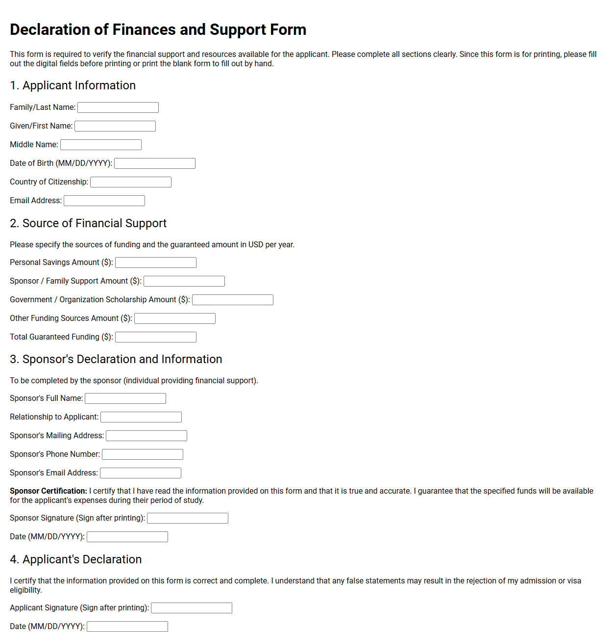 Declaration of Finances and Support Form