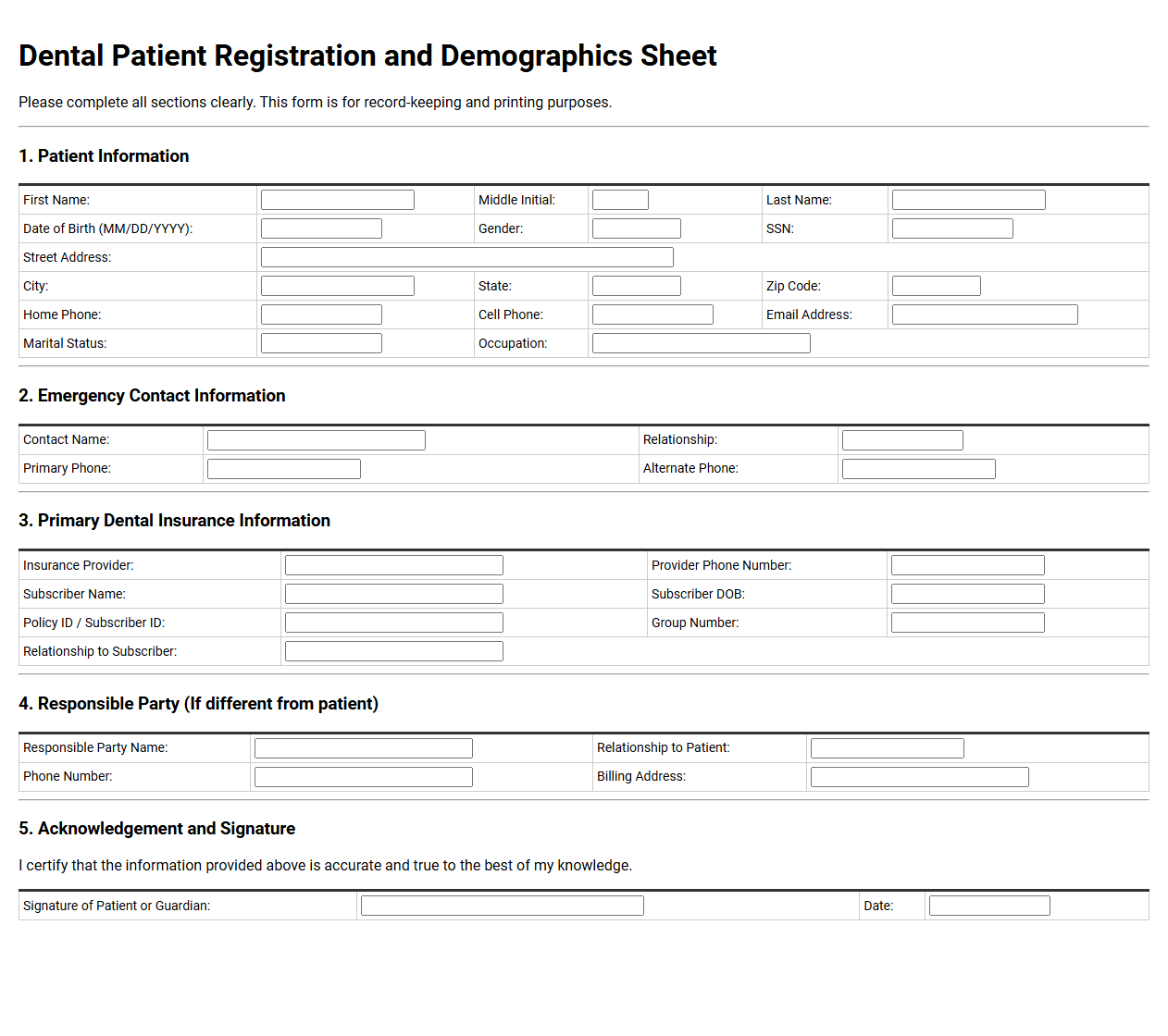 Dental Patient Registration and Demographics Sheet