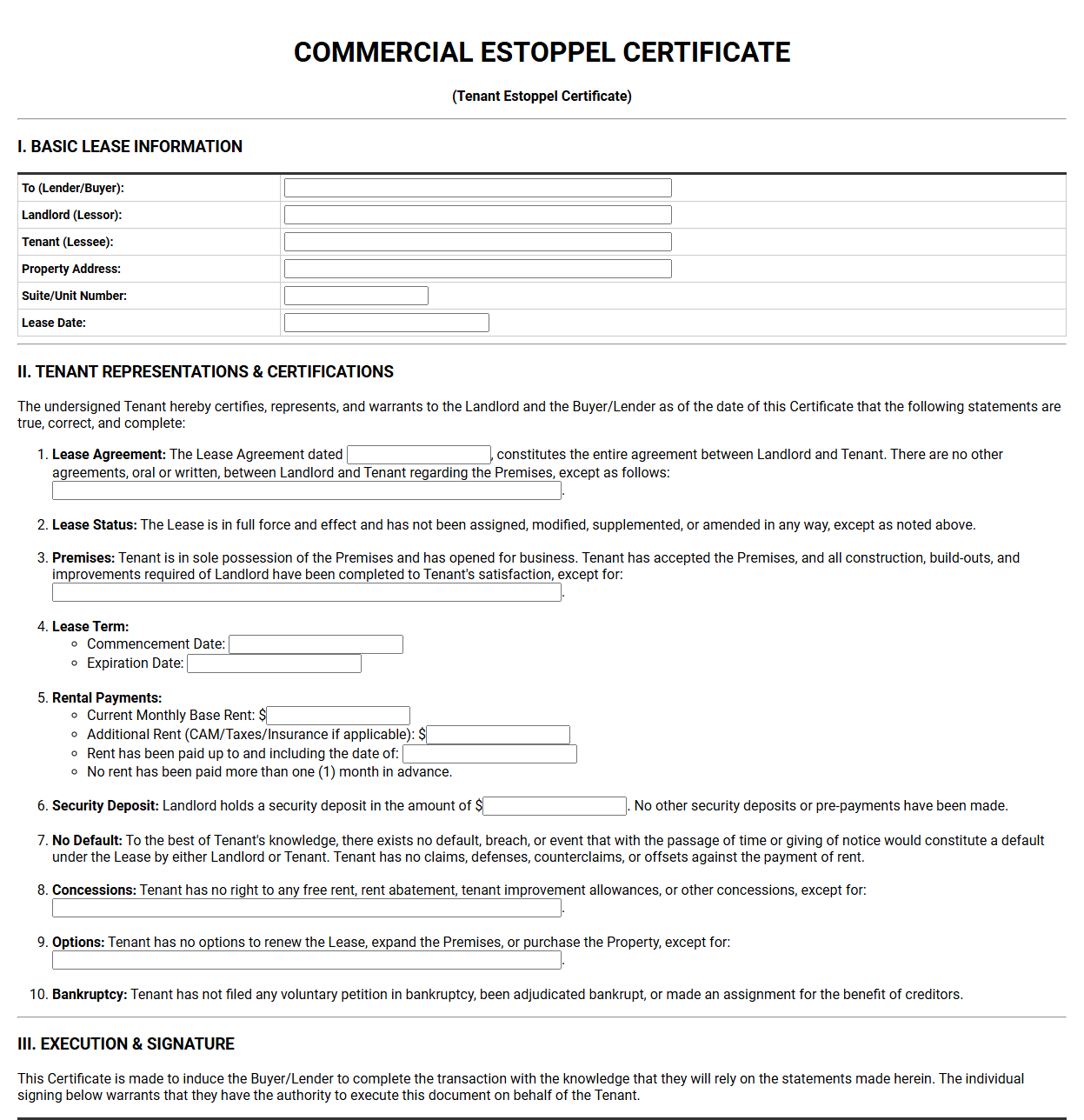 Detailed Commercial Estoppel Certificate Printable