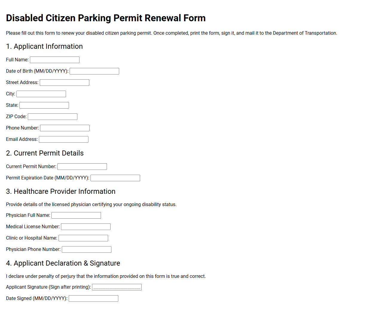 Disabled Citizen Parking Permit Renewal Form