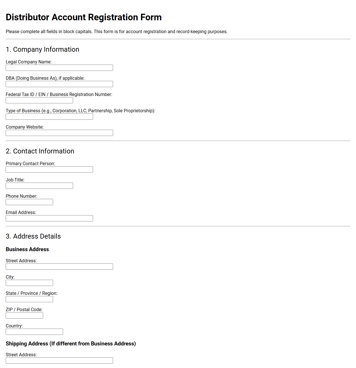 Distributor Account Registration Form