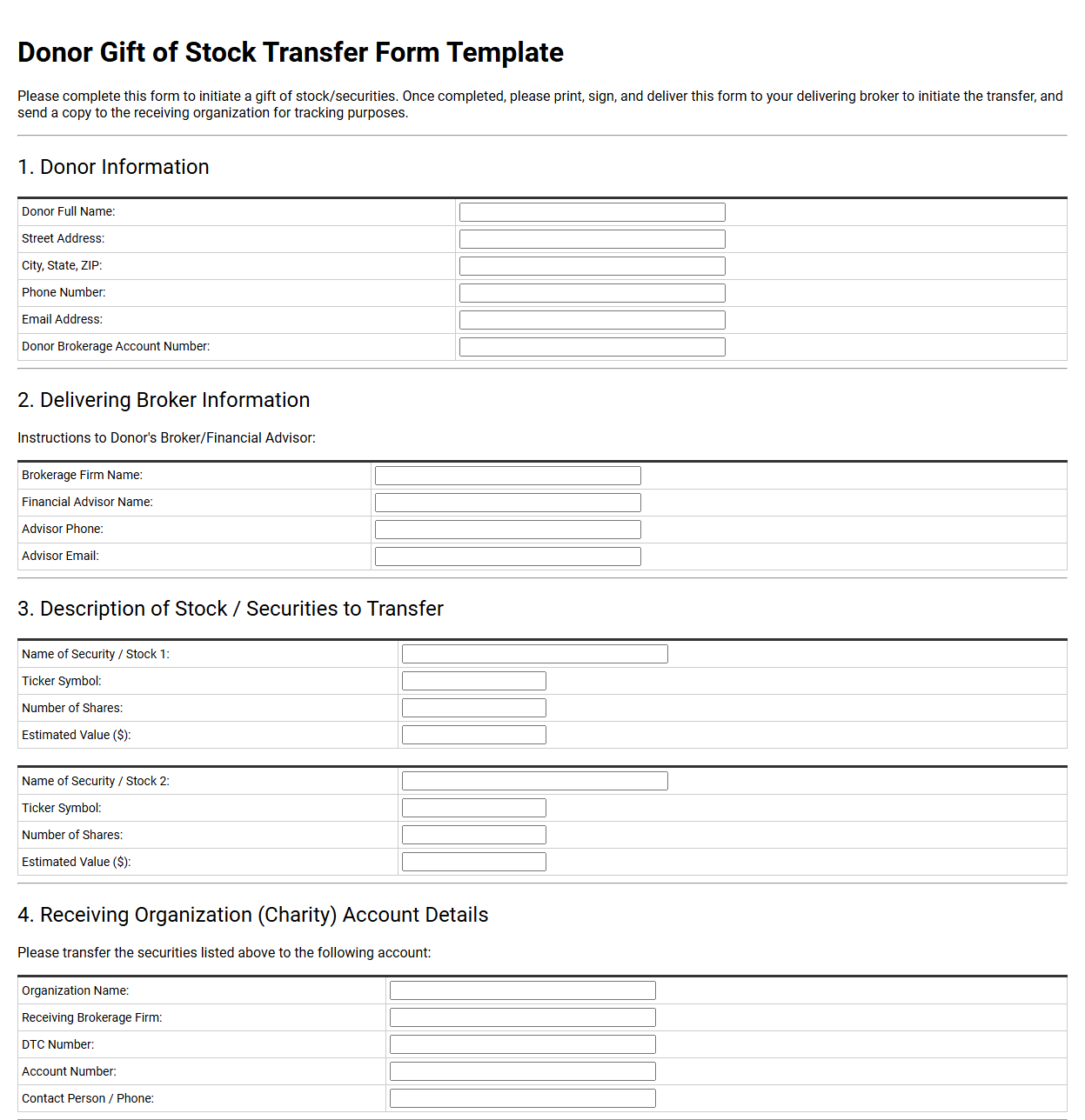 Donor Gift of Stock Transfer Form Template