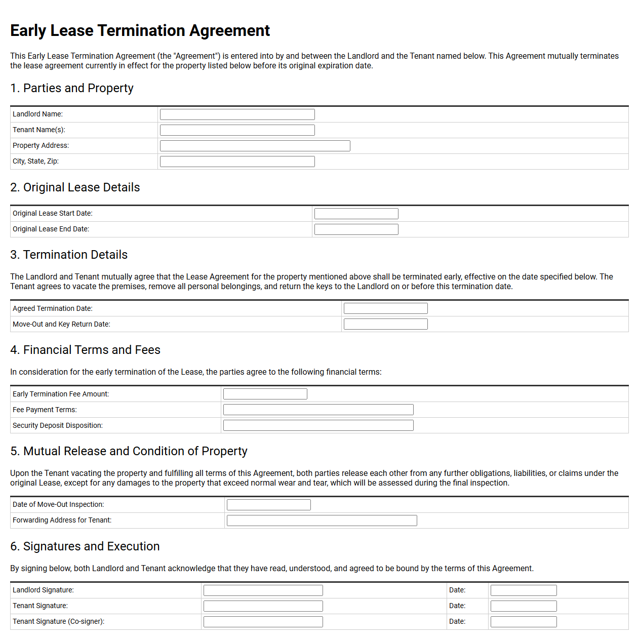 Early Lease Termination Agreement Form