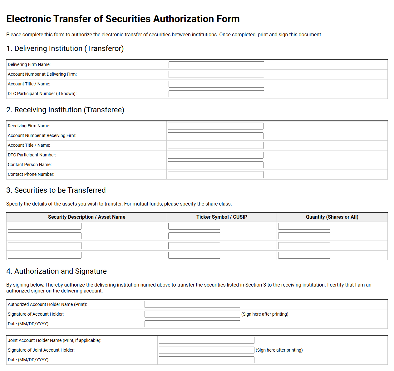 Electronic Transfer of Securities Authorization Form