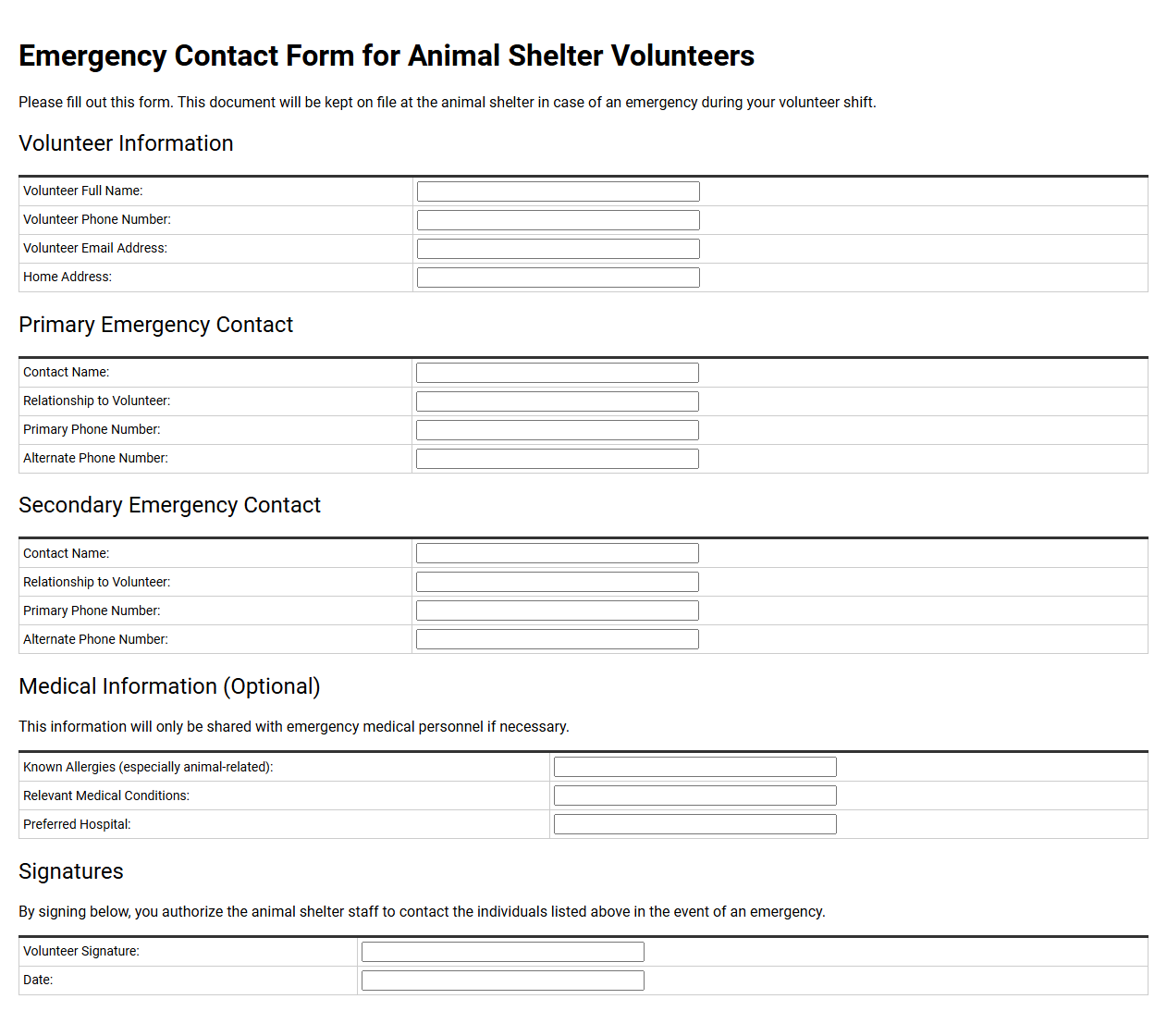 Emergency Contact Form for Animal Shelter Volunteers