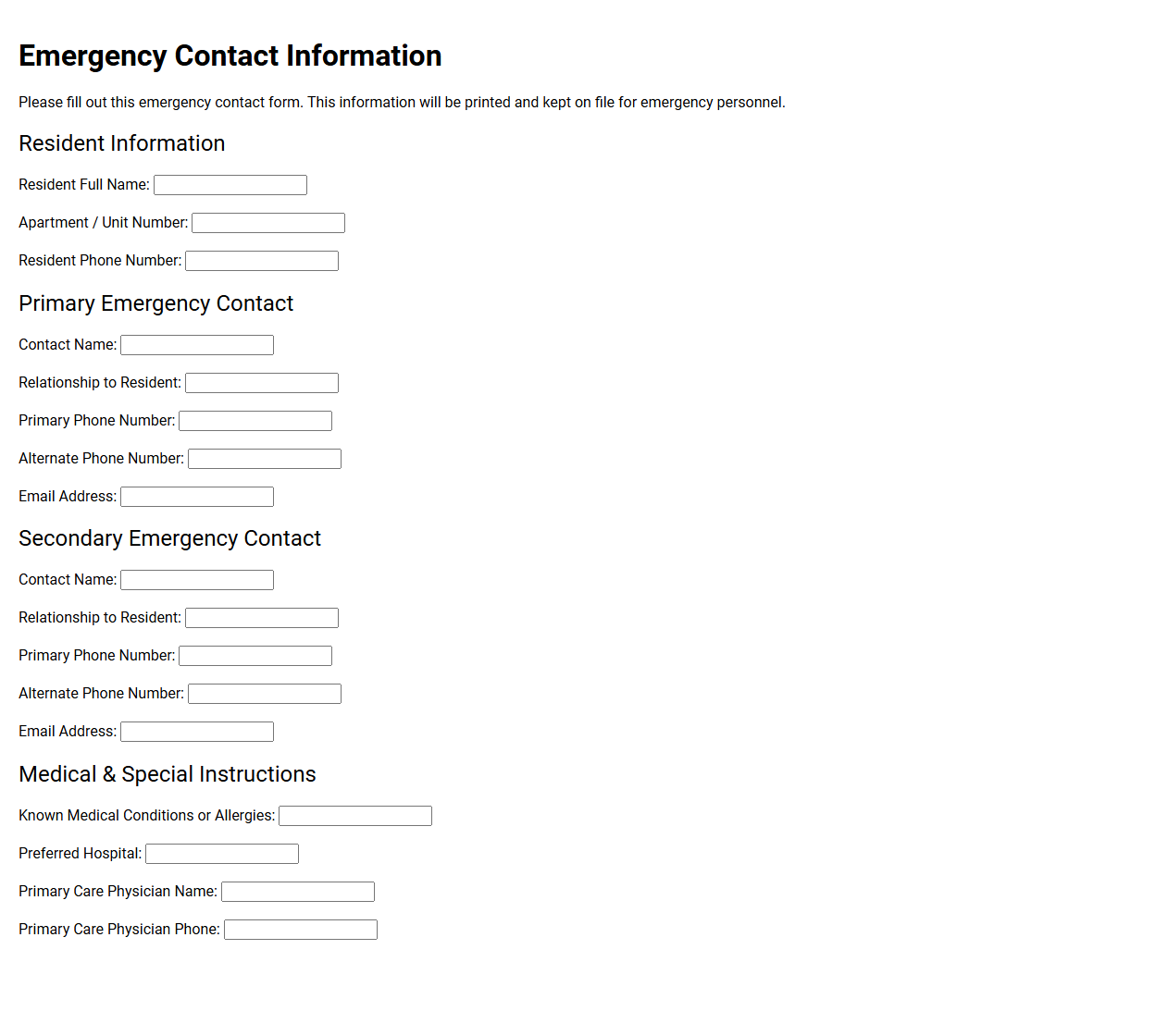 Emergency Contact Information of Resident