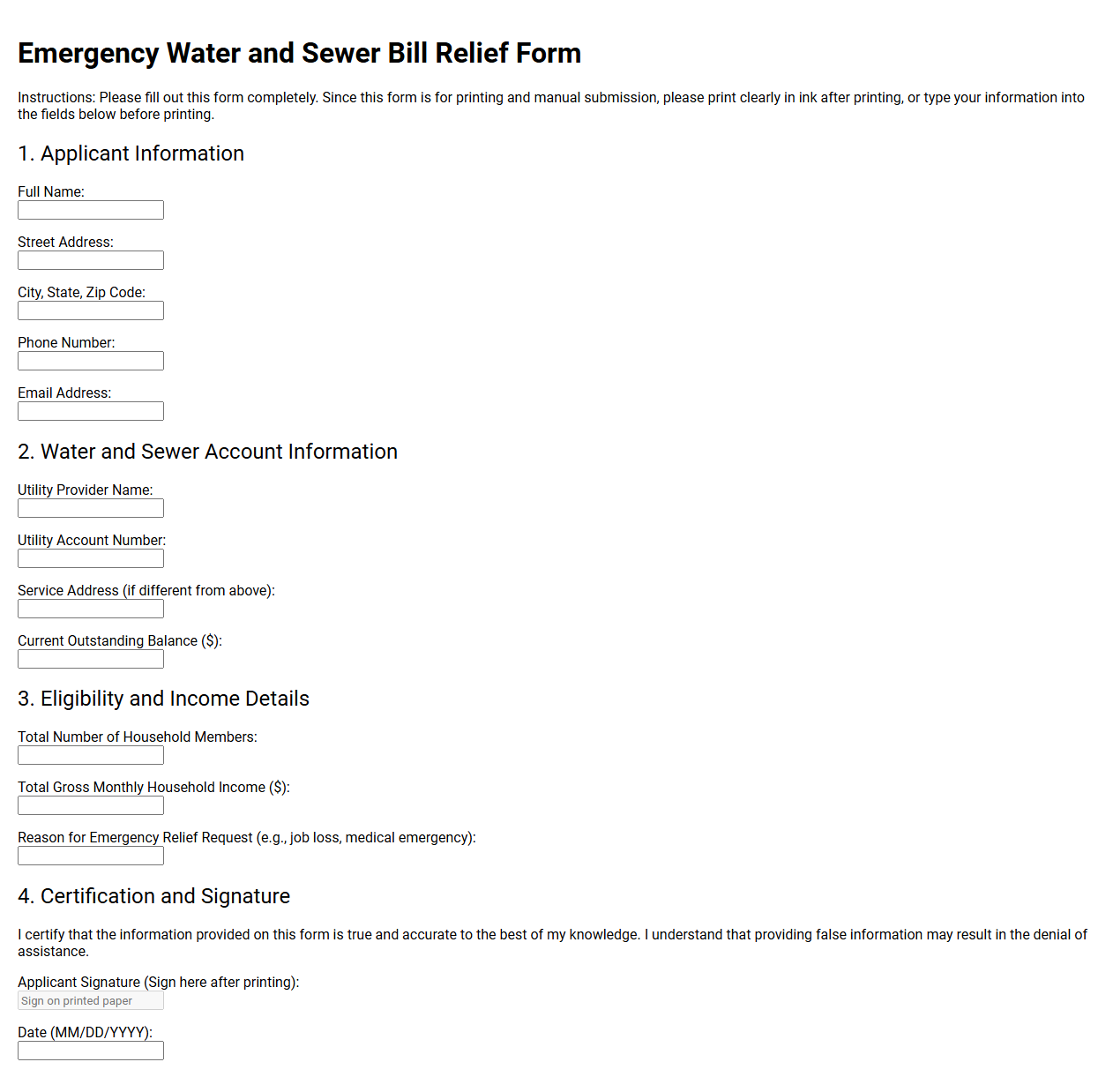 Emergency Water and Sewer Bill Relief Form