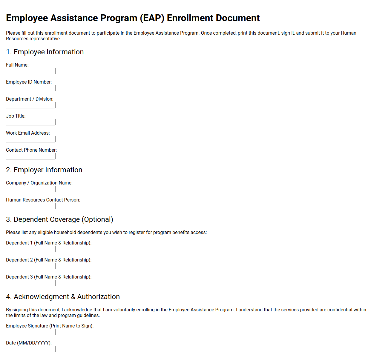 Employee Assistance Program Enrollment Document