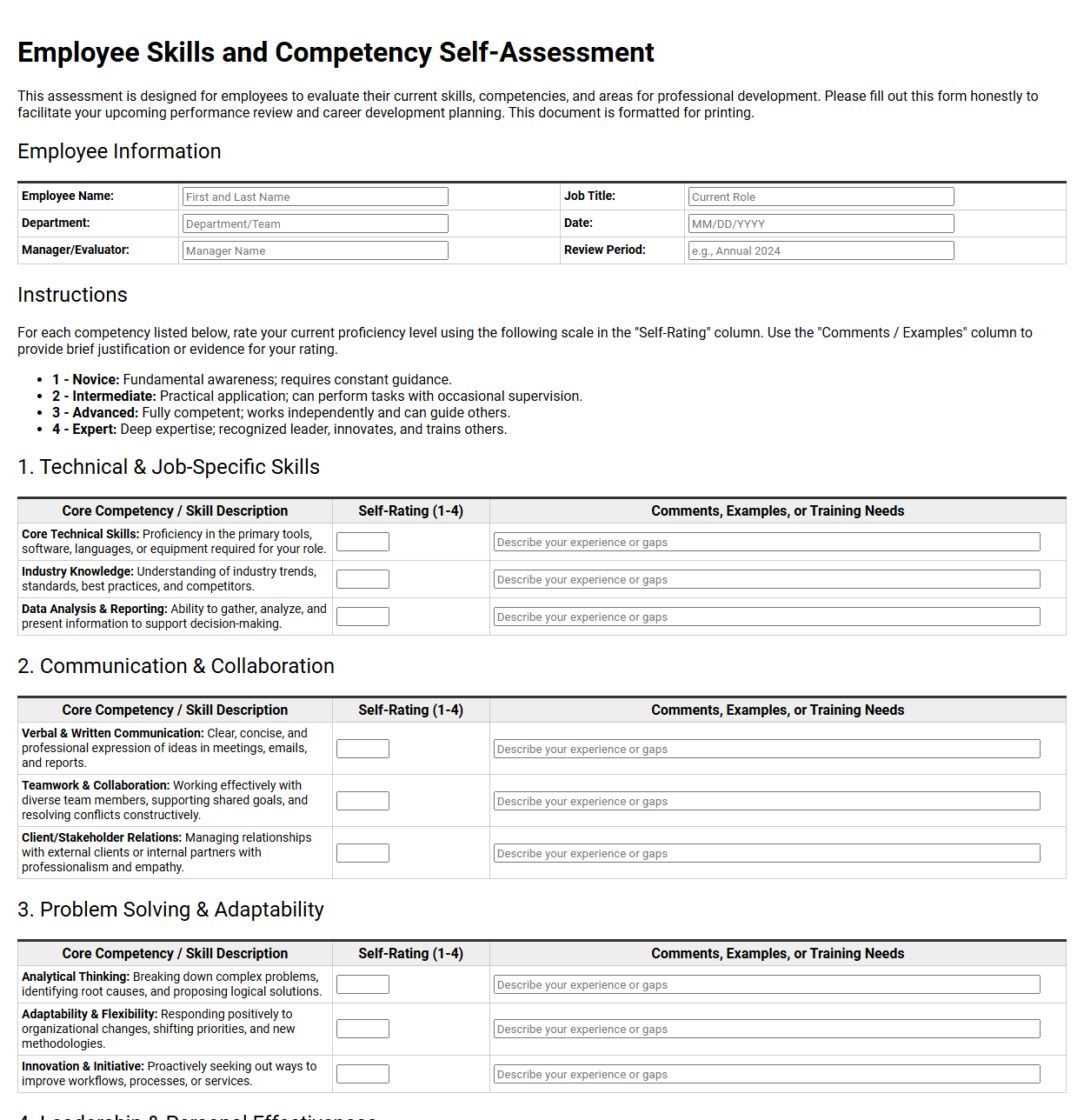 Employee Skills and Competency Self Assessment