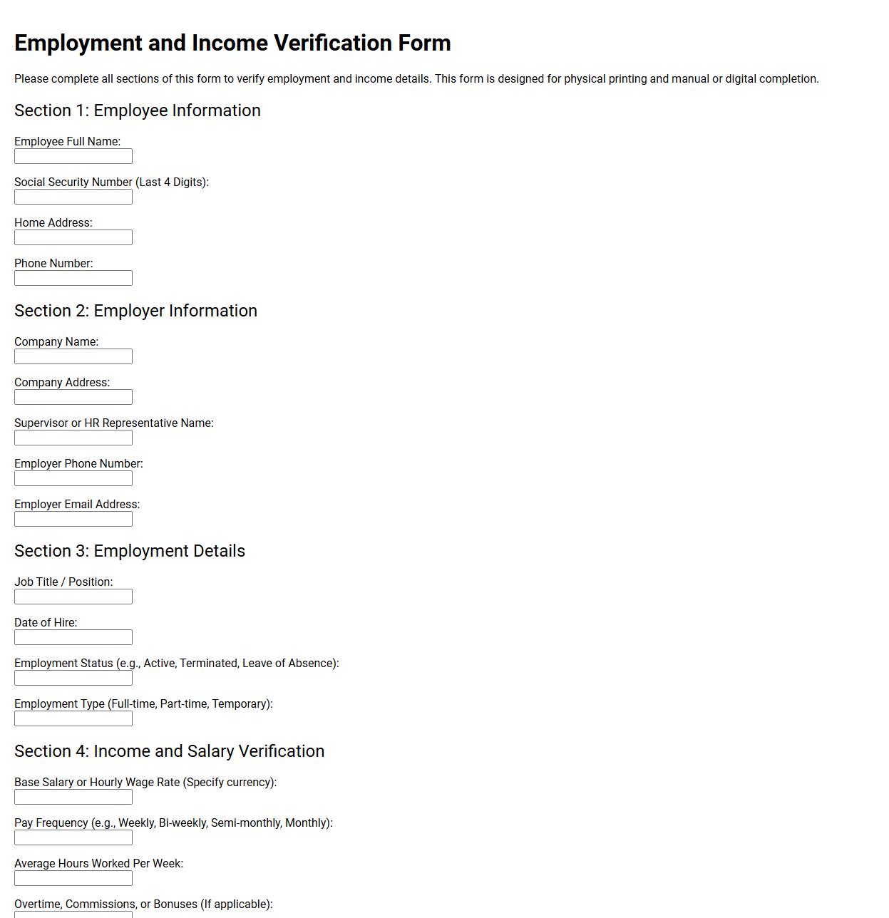 Employment and Income Verification Form