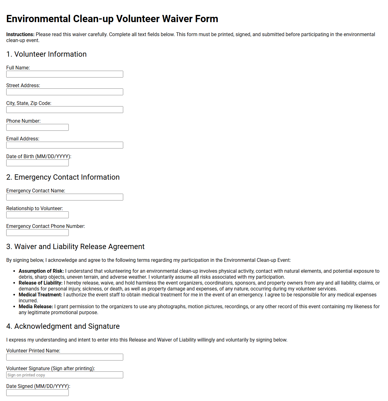 Environmental Clean-up Volunteer Waiver Form