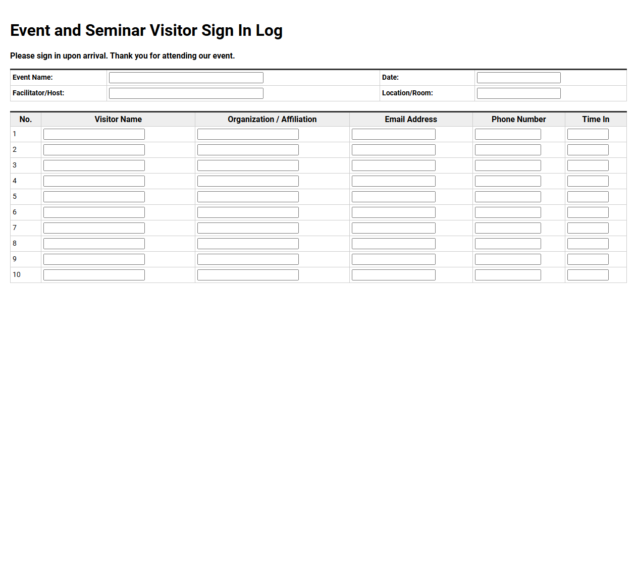 Event and Seminar Visitor Sign In Log