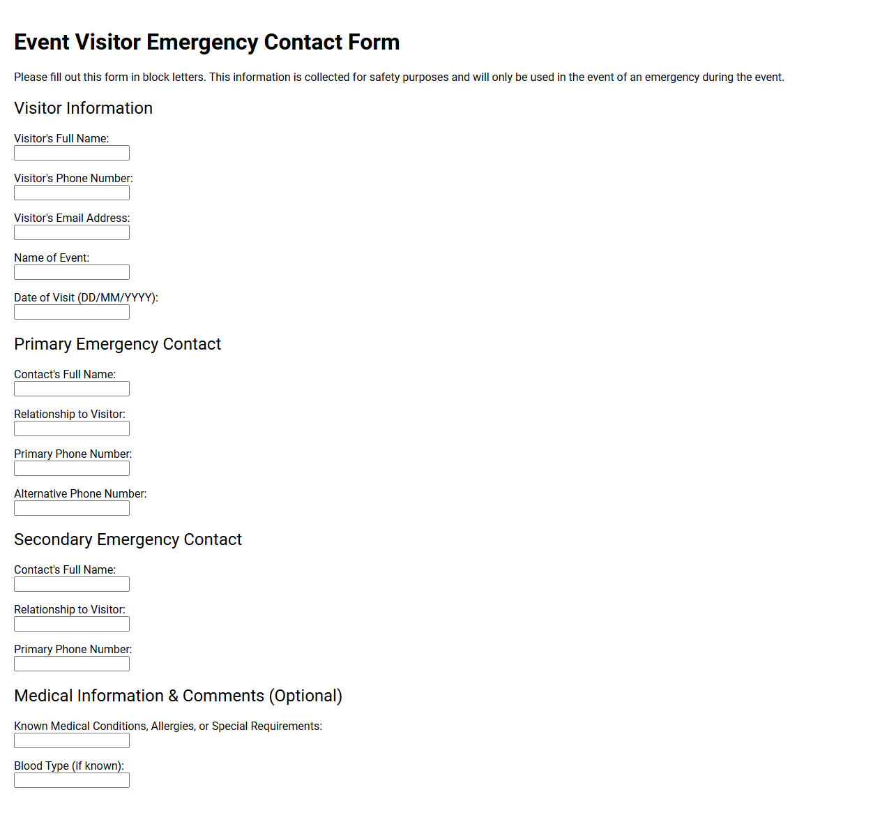 Event Visitor Emergency Contact Form