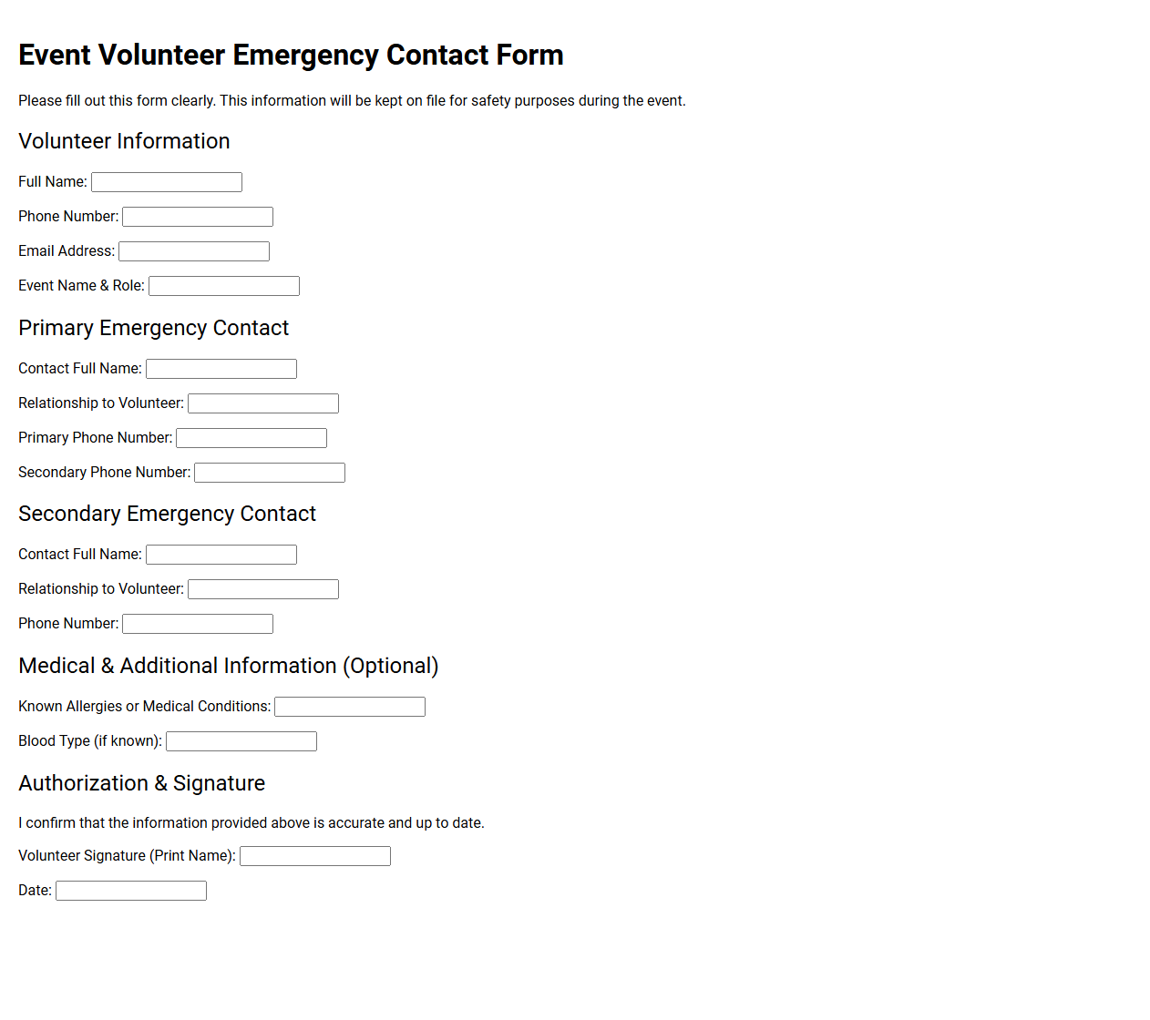 Event Volunteer Emergency Contact Form
