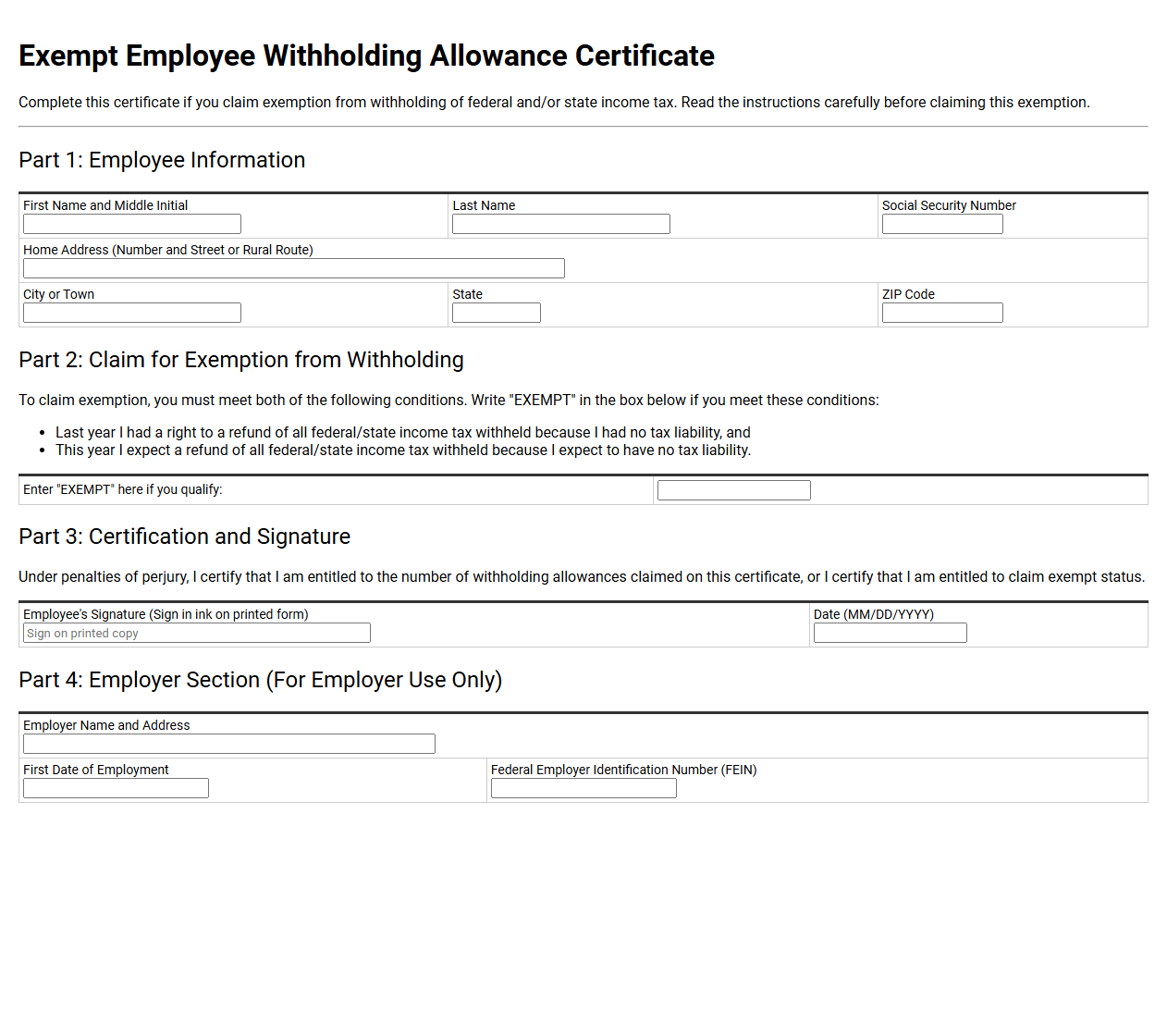 Exempt Employee Withholding Allowance Certificate Form