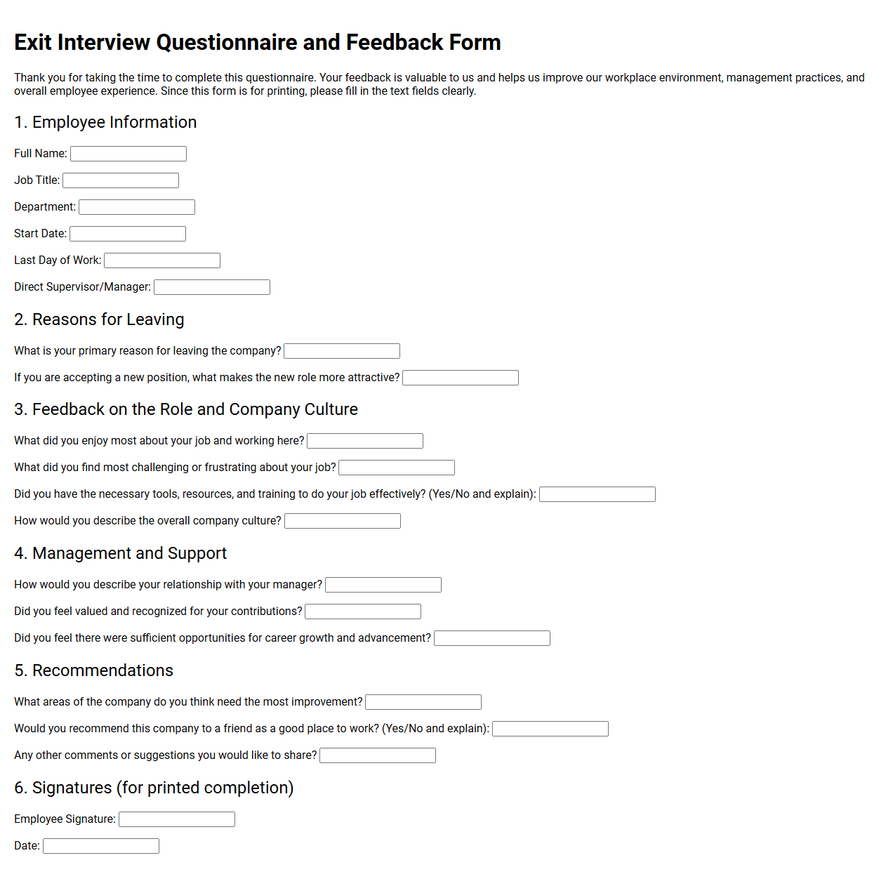 Exit Interview Questionnaire and Feedback Form
