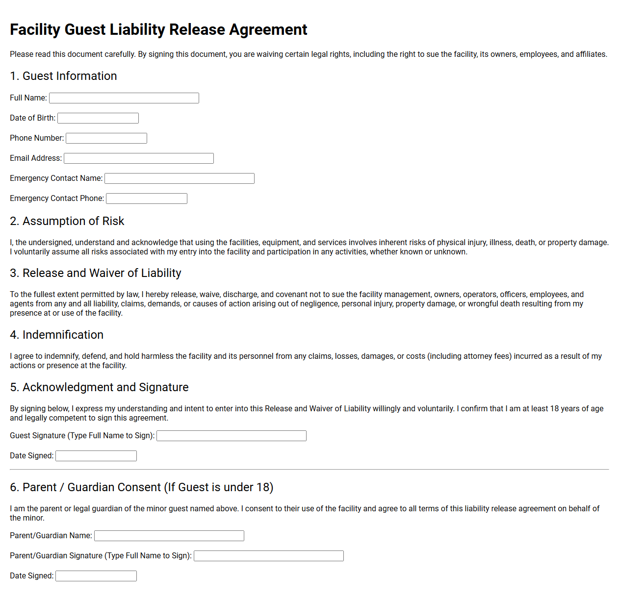 Facility Guest Liability Release Agreement