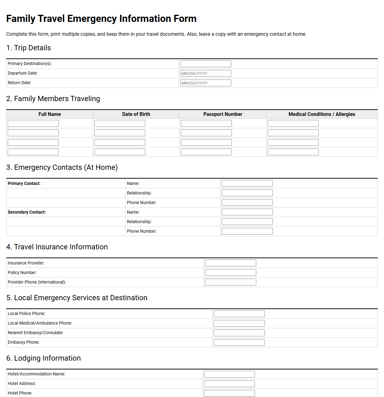 Family Travel Emergency Information Form